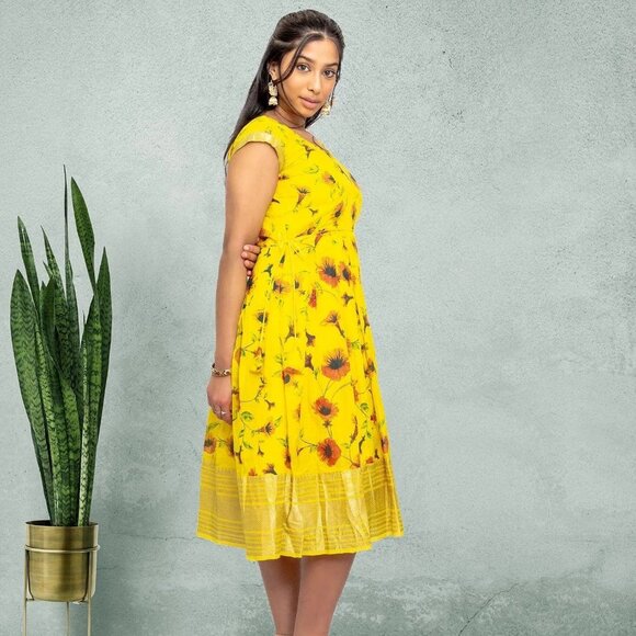 Elegant Yellow Silk Knee-Length Dress | Muvvas Boutique - Picture 5 of 6